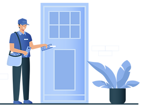 flyer distribution Delivery professional placing a door hanger on a house door, equipped with a mailbag, showcasing direct marketing services by MarketAnywhere.