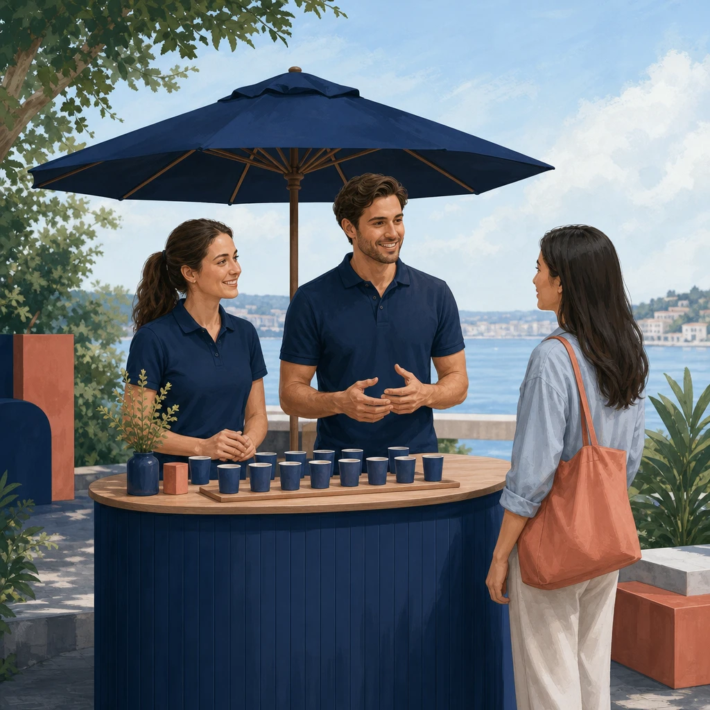 Illustration of brand ambassadors speaking with a visitor at an outdoor sampling booth