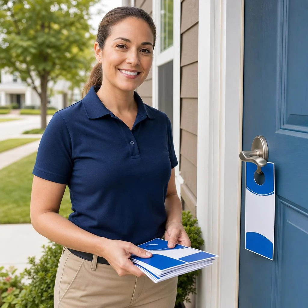 Illustration of a navy-uniformed door hanger delivery worker beside a suburban door with a blue-and-white hanger on its handle