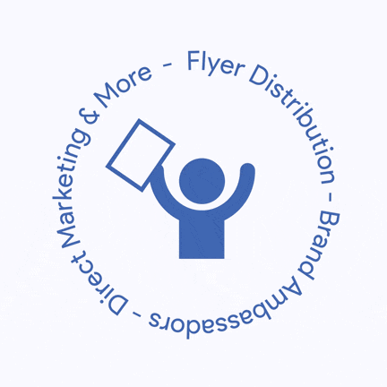  MarketAnywhere distributor, throwing his hands up in celebration, surrounded by the words flyer distribution, brand ambassadors, direct marketing