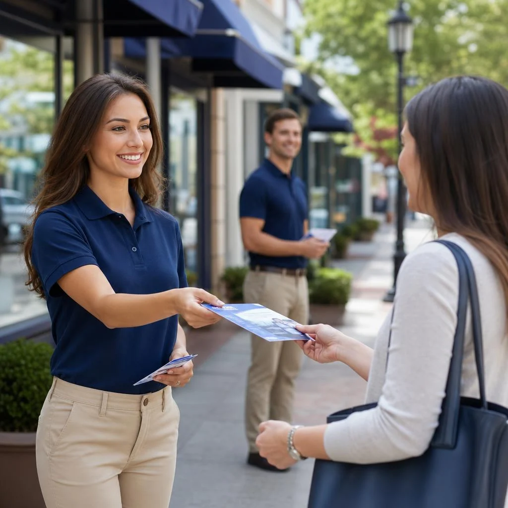 Illustration of a navy-uniformed flyer distributor handing a blue-and-white flyer directly to a pedestrian on a shopping street